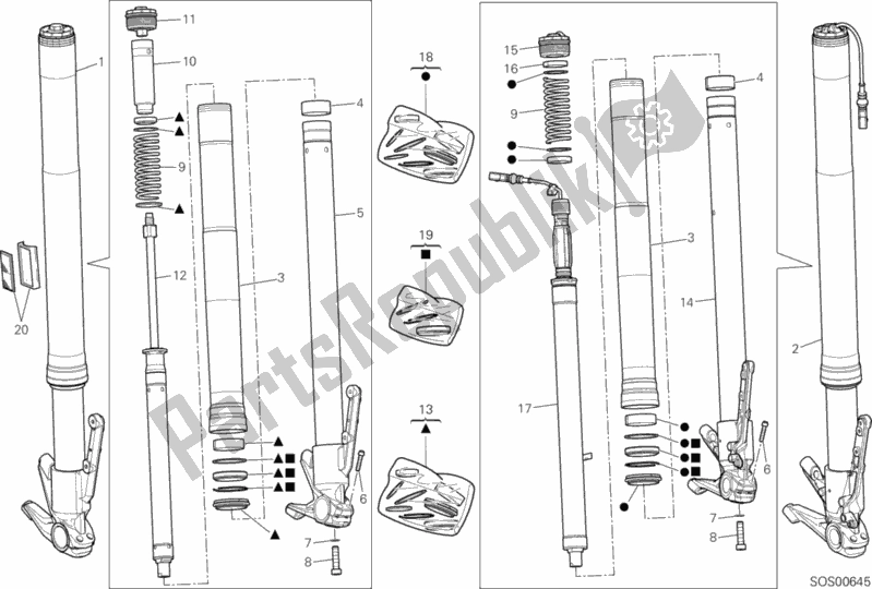 Alle onderdelen voor de Voorvork van de Ducati Multistrada 1260 S Touring Brasil 2018